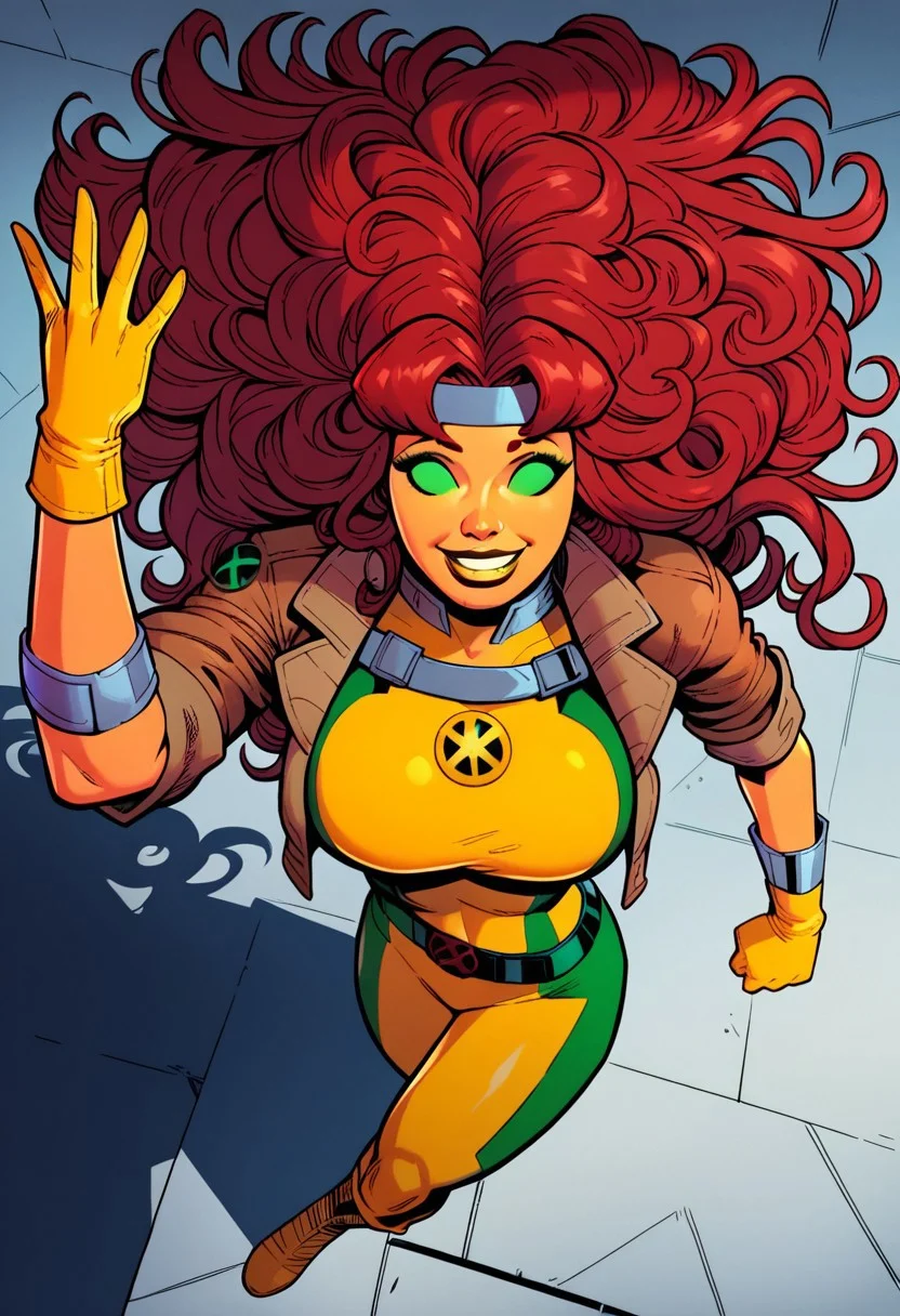 score_9, score_8_up, score_7_up, 1girl, solo, starfire from DC, rogue from Marvel, 1girl, StarfireDG, RogueXMXL, green eyes, no pupils, lipstick, red hair, two-tone hair, long hair, messy hair, headband, big breasts, cropped jacket, brown jacket, yellow bodysuit, long bodysuit, yellow gloves, belt, yellow boots, happy, smile, dynamic view, dynamic angle, full body