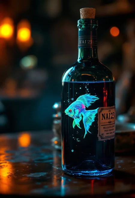 A hyper-realistic photograph of an antique, dark green wine bottle with a vintage label reading "NAI23," sitting on a polished wooden table. The bottle is filled with deep red wine that shimmers under warm ambient light, casting subtle reflections and refractions on its surface. Inside the bottle, a vibrant, neon-colored fish—glowing in shades of electric blue and bright green—swims gracefully. Its scales catch the light, creating a bioluminescent effect that contrasts beautifully with the dark red wine. The fish appears lively, its fins and tail undulating gently as if enjoying its liquid environment. Tiny bubbles rise around it, enhancing the realism of being submerged. The distorted refractions of the glass and wine slightly magnify the fish’s movements, giving it an ethereal quality. The background is softly blurred, hinting at an antique room with warm lighting and deep shadows, adding to the overall mysterious and captivating atmosphere. The scene feels like a snapshot taken by an explorer who discovered an otherworldly artifact