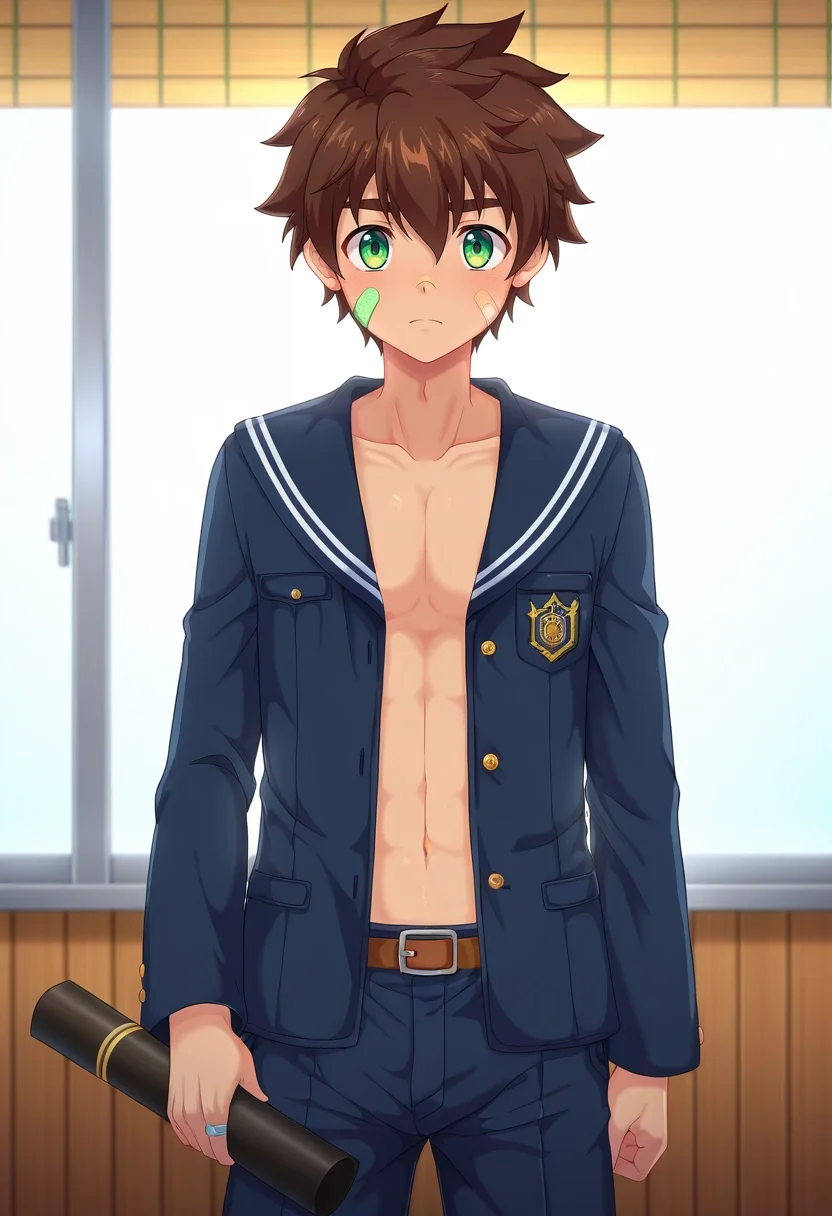masterpiece, best quality, , anime screencap, , , , , 1boy, solo, male focus, <lora:keitaro_nagame_ilxl:0.9>, keitaro_nagame, brown hair, green eyes, short hair, bandaid on face, , , graduation costume