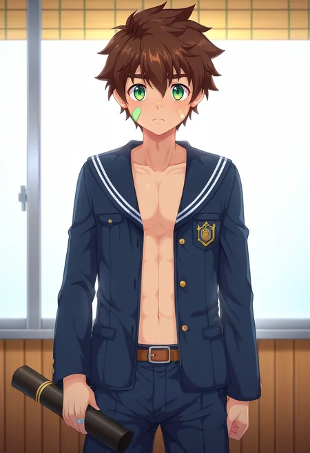 masterpiece, best quality, , anime screencap, , , , , 1boy, solo, male focus, <lora:keitaro_nagame_ilxl:0.9>, keitaro_nagame, brown hair, green eyes, short hair, bandaid on face, , , graduation costume