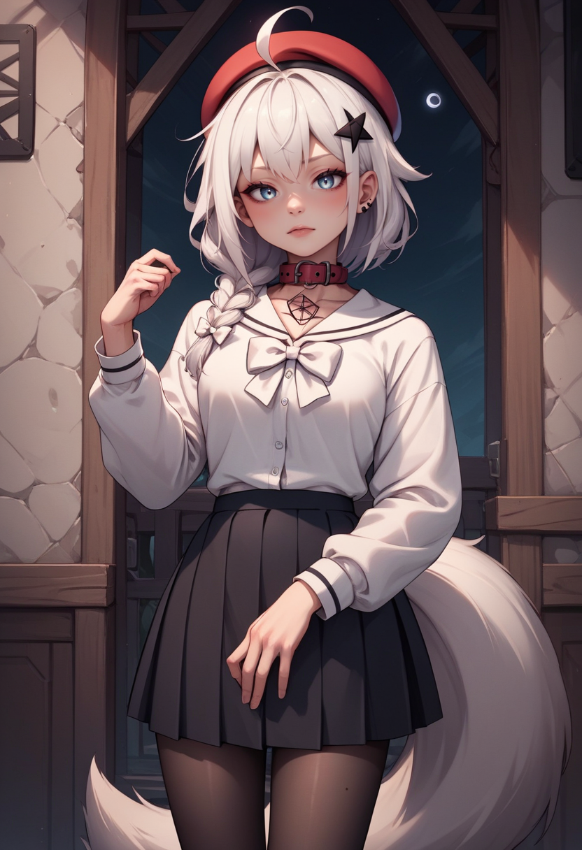 score_9, score_8_up, score_7_up, score_6_up, score_5_up, score_4_up, rating_explicit,  BREAK,  <lora:fubukiXL-10:0.75> fubukicasual, white shirt, white bow, beret, black skirt, black pantyhose, white hair, single side braid, ahoge, piercing, fox tail, pentagram adjusting her collar