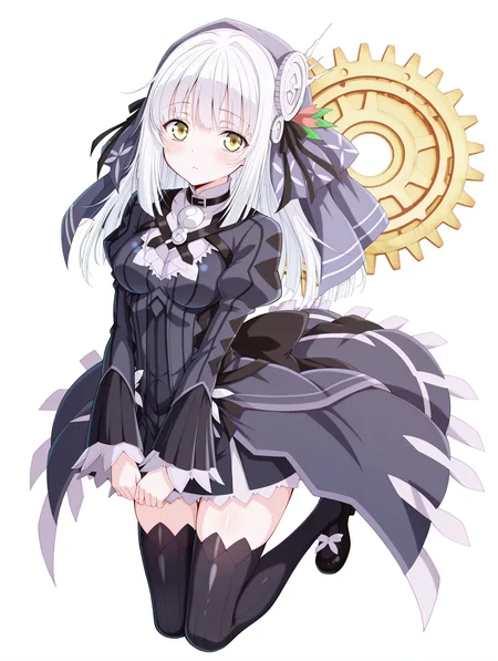 masterpiece,best quality,amazing quality, 1girl, ryuzu, long hair, yellow eyes, white hair, hair ornament, bangs, dress, ribbon, veil, hair ribbon, long sleeves, thighhighs, black thighhighs, black ribbon, zettai ryouiki, anime coloring, looking at viewer, white background, full body, gears backgorund, <lora:RyuZU:1> <lora:restrained_by_ring:0.9>