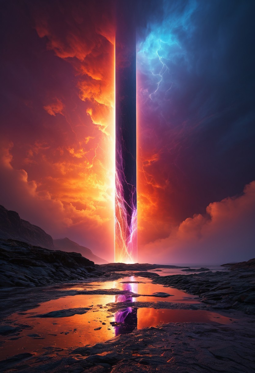 masterpiece, high quality, RAW photo, Norway, amazing nature, primeval wilderness, picturesque forest, epic sunset, bright clouds, beautiful sky, sun, desolate landscape, clean river, scenery, realistic, pristine atmosphere, photorealistic, 8K, highly detailed,
Abstract illustration, surreal fractured landscape, twilight sky with deep indigo to fiery orange gradient, towering geometric shapes resembling shattered glass and steel beams, inner light glowing within structures, dark polished surface reflecting light, ethereal swirling fog in muted purples and blues, vibrant golds and reds in the distance, bursts of light and shadow creating dynamic contrast, white beam of light piercing the sky symbolizing memory and hope, abstract expressionism and digital futurism hybrid, bold colors with intense reds, blacks, golds, and silver, light casting long stretched shadows, broad sweeping brushstroke textures enhanced with digital precision, mist swirling at the base of the scene, radiant sky evoking reflection and honor, powerful and dramatic atmosphere, emotional tribute to 9/11 without banality or figures.