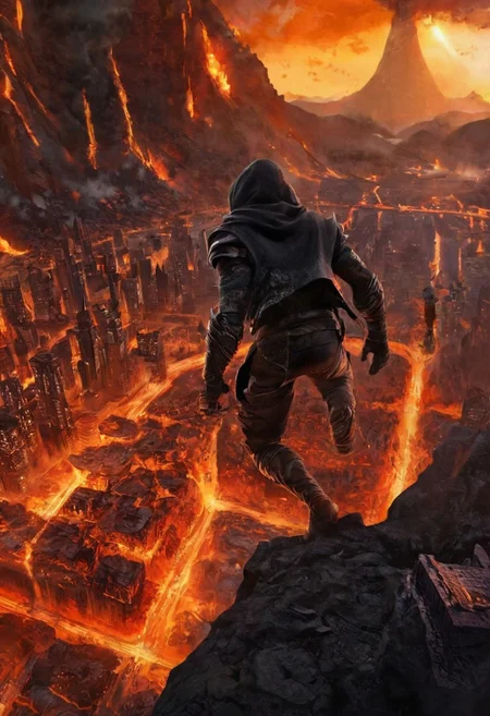 The beautiful city is in the belly of a volcano, 1boy, a ninja wearing a thick vest climbs the walls of the mouth of the mountains, looking down on a cityscape in lava, hands and feet in a climbing pose, climb in the mountain rocks, action climbing pose in the wall, from above shot, close-up, ninja wearing scarf and vest, clad in flowing, future city ​​in the belly of a volcano, lava, obsidian rock, cityscape, future city, tall building, clock tower, tower, steam, glass, castle, road, crowd, groups of crows flying around, glowing, shiny, scifi, intricate artistic color, cinematic light, radiant, vibrant, perfect symmetry, Grayscale, Dramatic spotlight, highly detail, Hyperrealistic 8k resolution Incredible details A masterpiece,