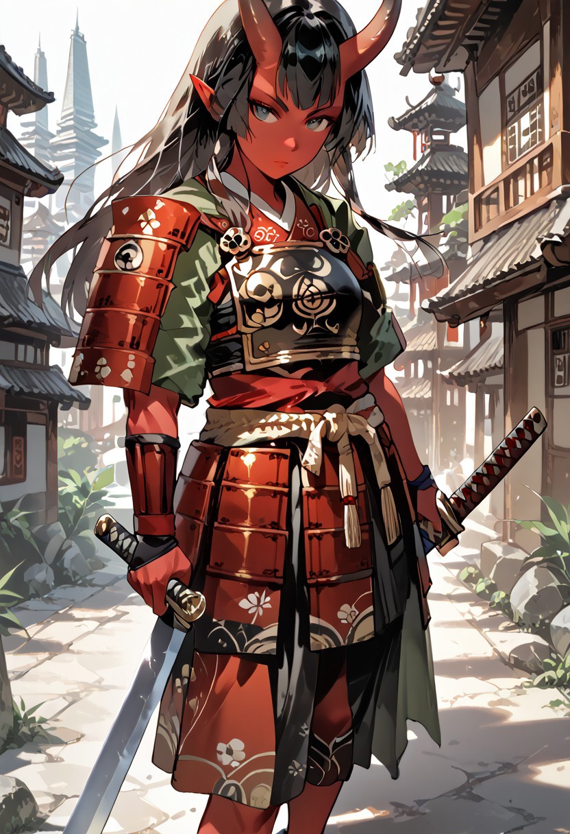 score_9, score_8_up, score_7_up, rating_suggestive, tiefling, one female, single person, red skin, black hair, straight horns, red samurai armor, easynegative, negative_hand, MythAn1m3, pointed ears, ancient japanese city, standing, samurai, 
musuclar woman, amazona, full body, green black eyes, 1girl, red glowing katana,