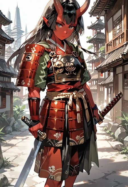 score_9, score_8_up, score_7_up, rating_suggestive, tiefling, one female, single person, red skin, black hair, straight horns, red samurai armor, easynegative, negative_hand, MythAn1m3, pointed ears, ancient japanese city, standing, samurai, 
musuclar woman, amazona, full body, green black eyes, 1girl, red glowing katana,