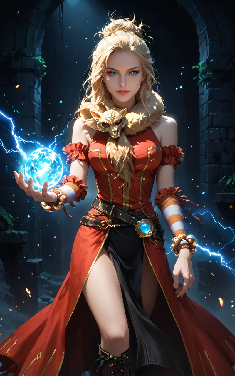 score_9,score_8_up,score_7_up,score_6_up,score_5_up,zPDXL2,8k,absurdres,fantasy style,art by artgerm and greg rutkowski,dimlighted,<lora:Expressive_H:0.5>,expressiveh,from side,(dark:1.4),fighting stance,sparks,lightning,<lora:dark_v1.9-pony:0.7>,(dungeon:1.3),dark theme,dim lighting,black theme,dark background,dark room,black background BREAK
1girl,solo,serious,updo  hair, blonde hair,blue eyes,<lora:profRoPonyV1.28:0.9>,profRO,animal around neck,bangle,striped sleeves,long dress,red dress,black pelvic curtain,belt,bracelet,detached sleeves,arm warmers,boots,<lora:OrbBlast:0.7>,green orb blast on one hand,looking at viewer,seductive smile,hand on own hair,