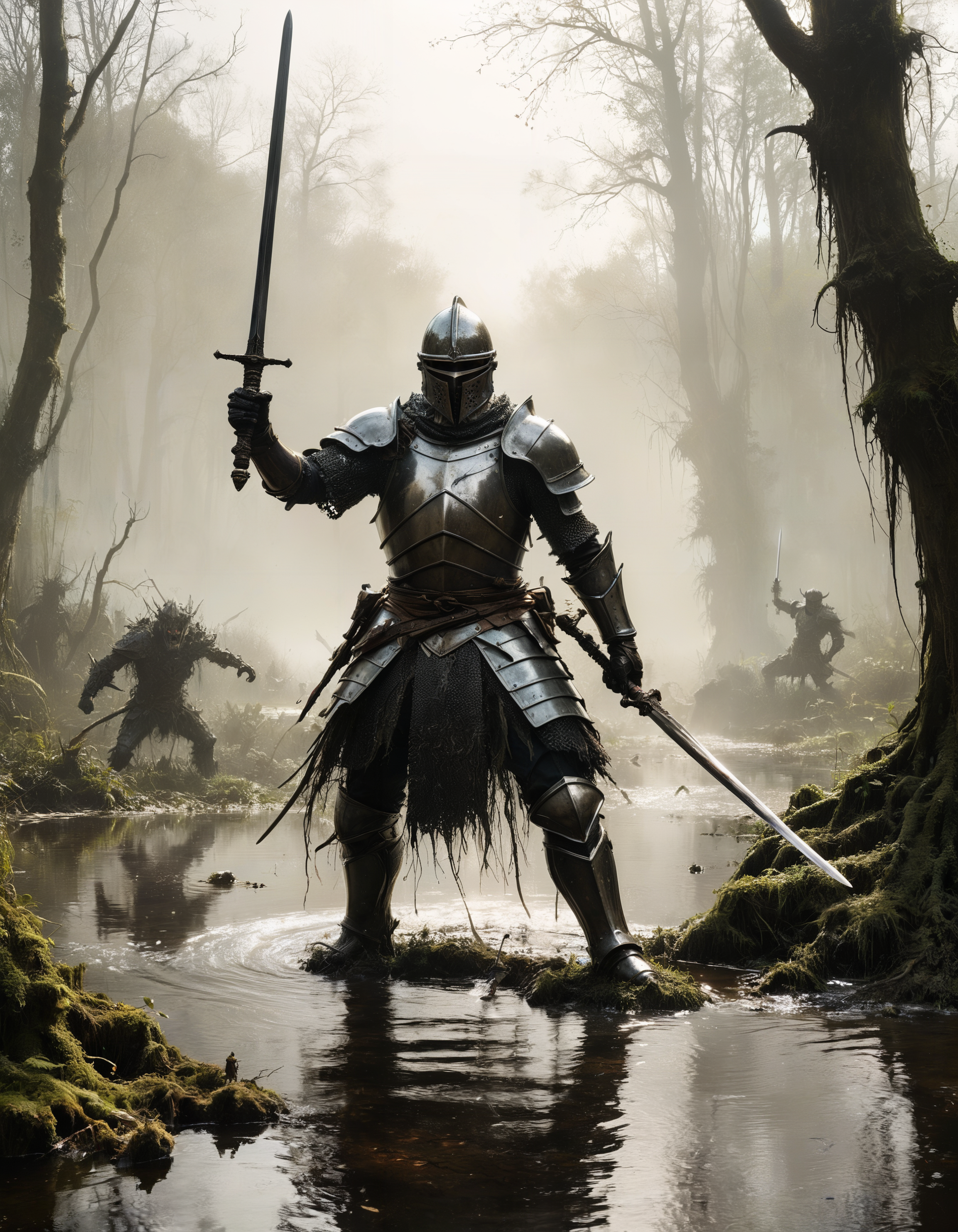 by Eugene Galien-Laloue and Ralph Steadman, hyper realistic medium full shot photo of  a (brave knight wielding a magical sword, battling a fearsome monster in a treacherous swamp:1.1),  (artistic , black-and-white , masterful:1.4), poster art, bold lines, hyper detailed, award winning,  dark limited color palette, high contrast, depth of field, (intricate details, masterpiece, best quality:1.4)
haze lighting,  looking at viewer, dynamic pose, wide angle panoramic view,
<lora:add-detail-xl:0.5> <lora:xl_more_art-full_v1:0.5> <lora:looking_at_viewer:2>