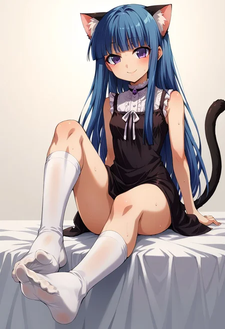 score_9, score_8_up, score_7_up, score_6_up, source_anime, (((solo))), BREAK, 1Girl , Furude Rika, blue hair, hime cut, purple eyes,(((long hair))), small breasts, sweating, cat tail, gothic dress, smile, sitting, foot focus, white socks