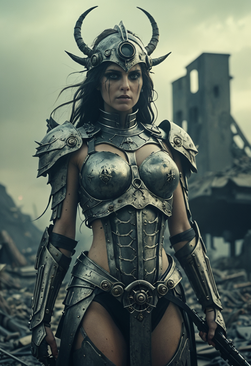 better details, the female embodyment of War harbinger of the apocalypse, realistic, surreal, ethereal, grainy film, 35mm photo