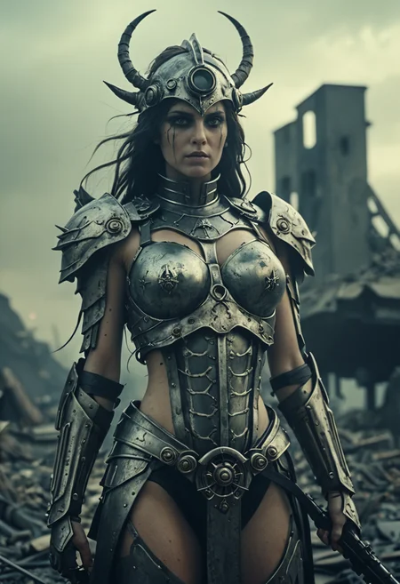 better details, the female embodyment of War harbinger of the apocalypse, realistic, surreal, ethereal, grainy film, 35mm photo