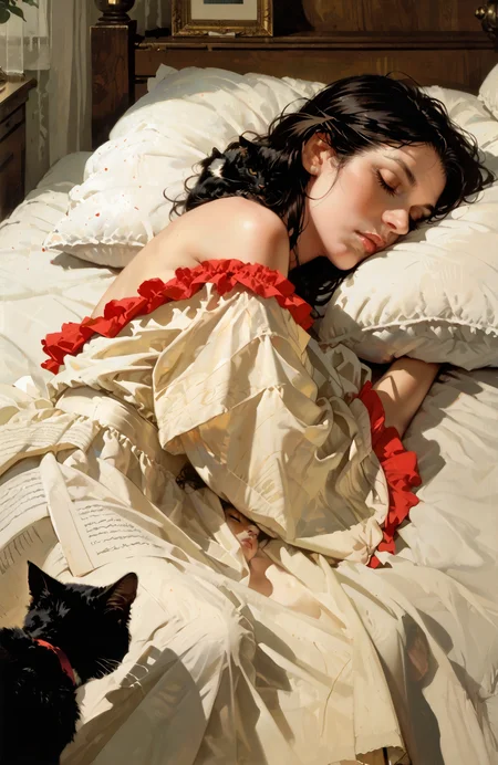 score_9_up, score_8_up, score_7_up, masterpiece, high quality, comicbook illustration, norman rockwell style, nf
by night, 1 woman, (cat sleeping), lying on a frilly bed in a cozy bedroom, semi side view BREAK warm dim light from a bedside lamp, soft pillows and a thick duvet, a sheer curtain partially drawn over a nearby window BREAK young woman, long wavy black hair cascading over her shoulders, wearing a silky red slip dress, small breasts, saggy breasts, dreaming, cuddle the sleeping cat,
<lora:norman_rockwell_style_pony_v6:0.8> <lora:MythM4ngaStyle:0.8>