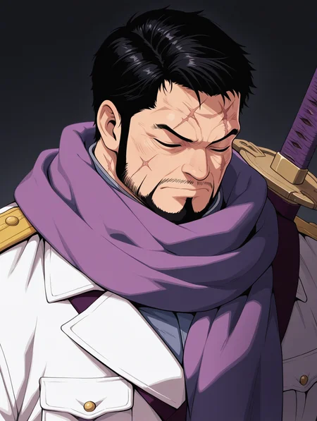 Issho masterpiece, best quality, amazing quality, 1 boy, male focus, solo, Issho, facial hair, short hair, beard, closed eyes, Scars on the face, black hair, Military uniform, purple scarf, sword