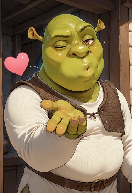 masterpiece, best quality, newest, absurdres, highres, 1boy, blowing kiss, heart, puckered lips, o3o, <lora:FrierenBlowingKissMeme_illusXLNoobAI_Incrs_v1-000010:1>, looking at viewer, one eye closed, <lora:Shrek_illusXL_Incrs_v1:0.8> shrek, bald, green skin, brown vest, white shirt, brown belt, solo, male focus,