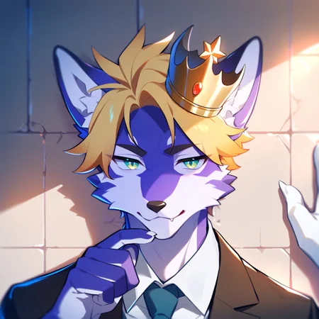 score_9, score_8_up, score_7_up, best quality, amazing quality, best aesthetic, amazing aesthetic, 2023, duo, fox, furry male, purple body, solo focus, short hair, yellow hair, green eyes, suit, pov hands, kabedon, <lora:KabedompovPonyXL:1.2>, wall \(structure\), stone wall, prince, smug, crown