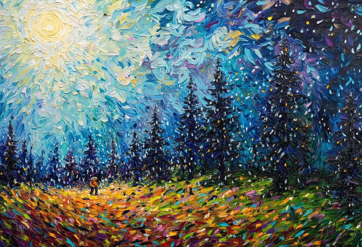 a complex expressive expressionism oil painting of a raining country landscape weather. the painting looks wet like the raining is coming out of the painting, Abstract art