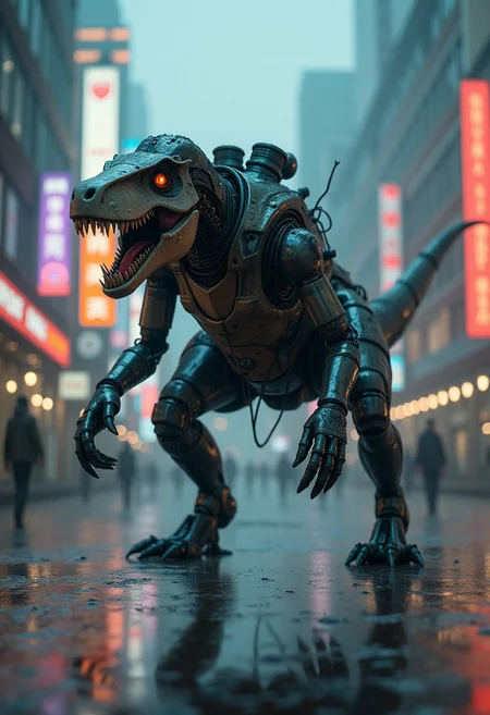 a cyberpunk robot dinosaur, with robot joints, body made of metals, cables and wires, with shoulder-mounted machine guns, stalking down a misty cyberpunk city street in the rain, neon advertising signs, silhouetted in the gloom. Perfect Composition, realistic photographic image, RAW photo highest quality, perfect directional lighting, bokeh