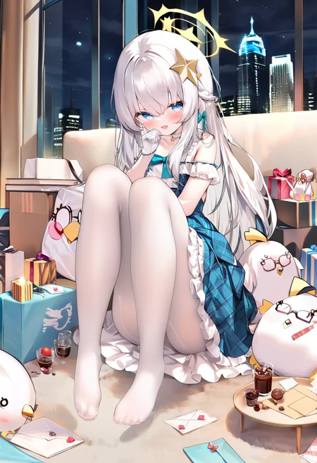 masterpiece, best quality,<lora:caoXL_ANI31_lokr_V42310:1> 1girl, pantyhose, white pantyhose, halo, long hair, solo, white hair, dress, blue eyes, book, looking at viewer, gloves, no shoes, white gloves, indoors, knees up, window, hair ornament, night, blush, frilled dress, bag, open mouth, hair between eyes, frills, heart, star hair ornament, sitting, box, book stack, gift, feet, bow, full body, stuffed toy, cityscape, legs, peroro \(blue archive\), plaid, food, glasses, blue dress, smile, bare shoulders, toes, chocolate, choker, cup, sky, envelope, gift box, stuffed animal