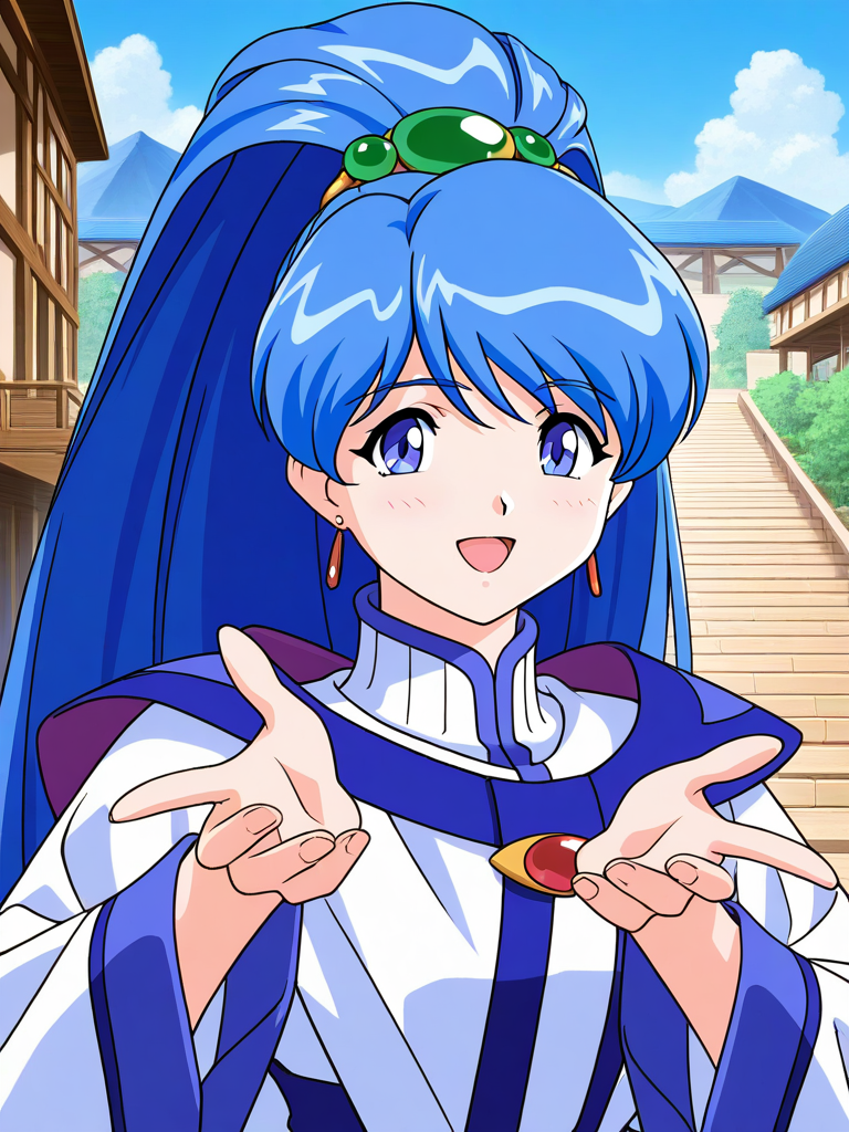 general,highres, game cg, ultra-detailed,very aesthetic,best quality ,best hands,  BREAK   <lora:Sakuya_Lansaihe_IS:1>Sakuya_Lansaihe, very blue hair, long hair, blue eyes, high ponytail, long sleeves, green jewelry,
 1girl, solo,  smile, open mouth, upper body,  looking at viewer, hairband, :d
blue sky,