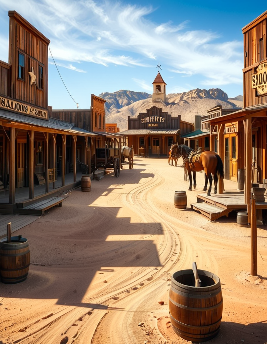 A classic Wild West town in the late 1800s, surrounded by arid desert and towering rock formations. The dusty main street is lined with wooden buildings, including a saloon with swinging doors, a sheriffâs office with a star emblem, a general store with a wooden sign, and a blacksmithâs shop with tools hanging outside. Old-fashioned wooden wagons are parked along the street, and a few horses are tied to hitching posts. The atmosphere is lively, with cowboys wearing wide-brimmed hats, boots, and leather dusters walking around, some talking near the saloon while others ride horses. The sky is bright blue with a few wispy clouds, and the sunlight casts long shadows on the ground. In the background, a water tower stands tall, and a windmill slowly turns in the breeze. The scene is full of rustic details, evoking the adventurous spirit of the American frontier.<lora:SDXLFaeTastic2400:0.4> <lora:extremely_detailed:0.4> extremely detailed, <lora:Western_v1ll4g3:1>,Western v1ll4g3, Masterpiece,best quality,hi res,8k,hi res,8k,award winning,(sharp focus, intricate, highly detailed),