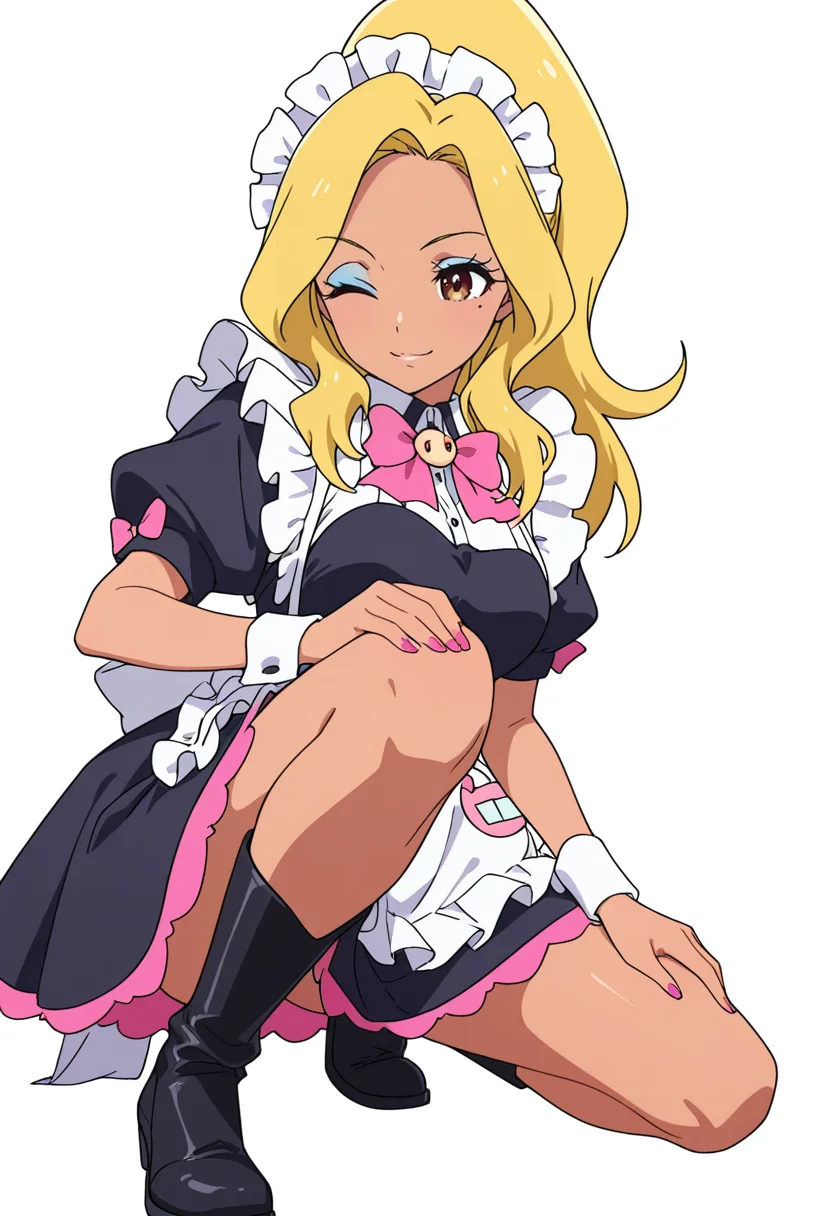 Smooth Quality,masterpiece,very intricate, high quality details, ultra realistic, high detailed skin,detailed enviorement,absurdres,
<lora:Gotou_Shino_Shiipon_CNR:0.8> gotou_cnr, blonde hair,long hair, ponytail, brown eyes, dark-skinned female, mole, nail polish, eyeshadow,gotou_maid_cnr,maid, maid headdress, maid apron,black dress, short dress,puffy short sleeves, boots, frills,pink bowtie,, simple background, white background, front view,solo,
half-kneeling position, one knee down, other foot flat, hands on thighs ,, ;),