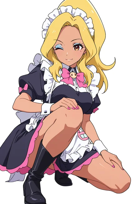 Smooth Quality,masterpiece,very intricate, high quality details, ultra realistic, high detailed skin,detailed enviorement,absurdres,
 <lora:Gotou_Shino_Shiipon_CNR:0.8> gotou_cnr, blonde hair,long hair, ponytail, brown eyes, dark-skinned female, mole, nail polish, eyeshadow,gotou_maid_cnr,maid, maid headdress, maid apron,black dress, short dress,puffy short sleeves, boots, frills,pink bowtie,, simple background, white background, front view,solo,
half-kneeling position, one knee down, other foot flat, hands on thighs  ,, ;),