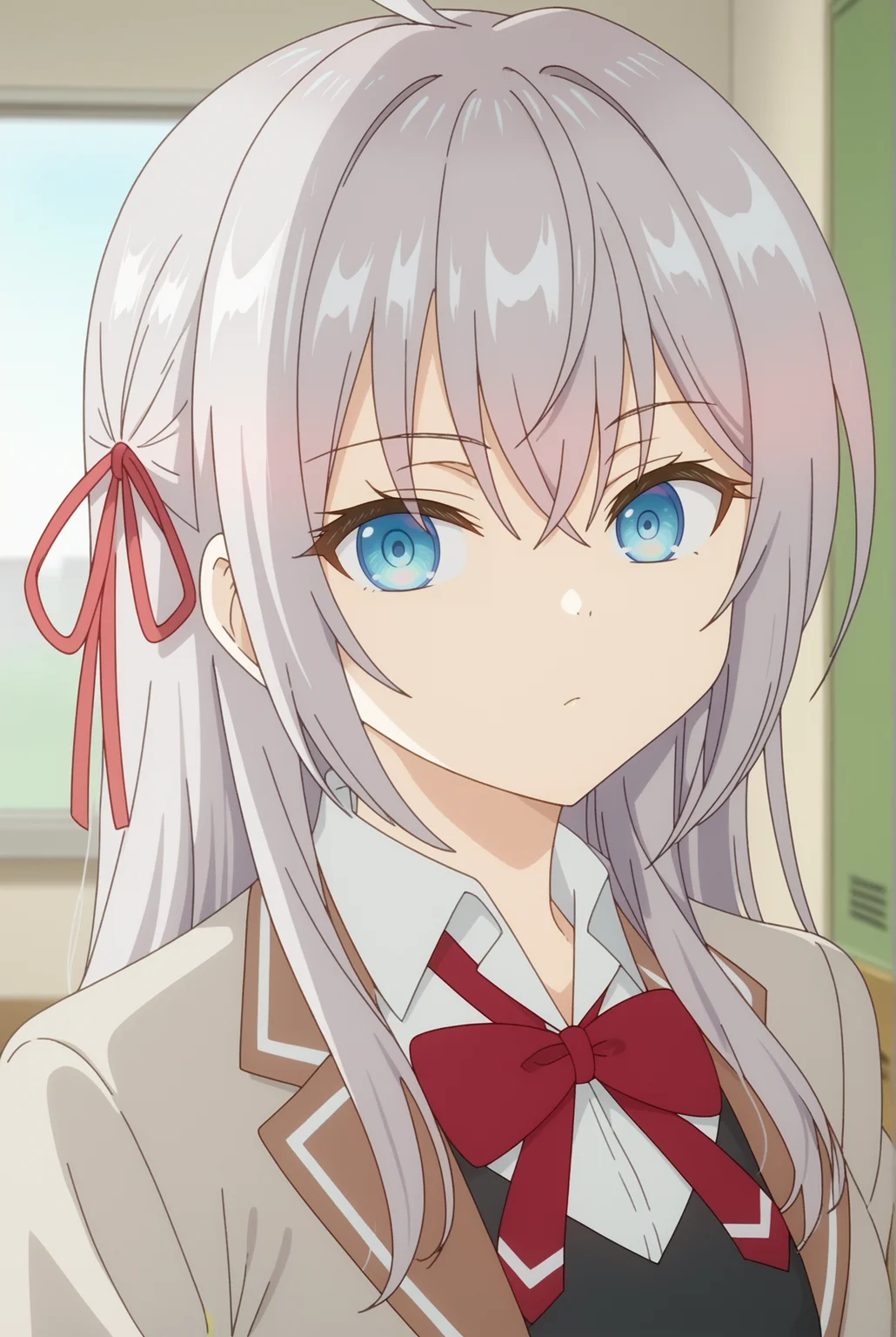 <lora:Alisa_Mikhailovna:0.8>, Alisa Mikhailovna, 1girl, solo, looking at viewer, shirt, ribbon, closed mouth, school uniform, white shirt, collared shirt, indoors, red ribbon, blurry background, portrait, classroom