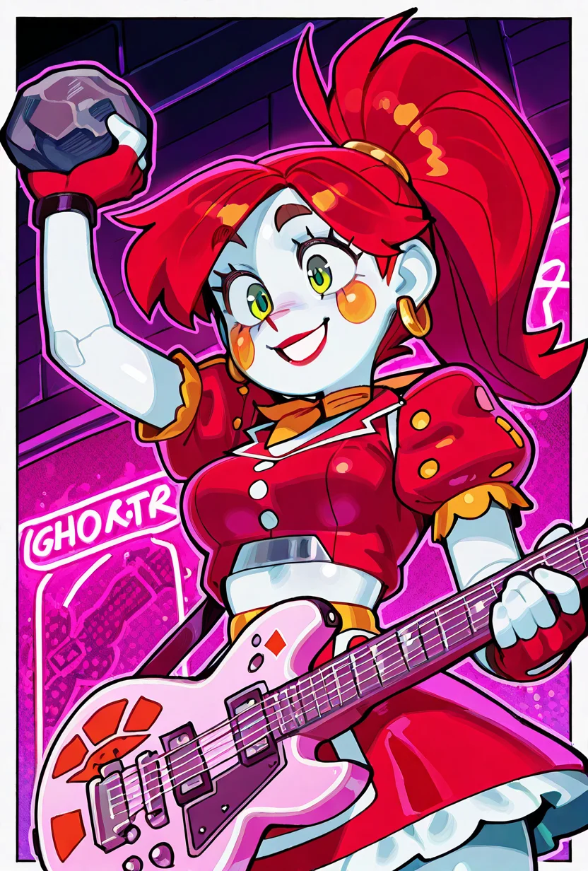 <lora:ilglambab-10:1> glambab, white skin, 1girl, red hair, ponytail, wide smile, earrings, short puffy sleeves, red fingerless gloves, red dress, red lips, green eyes, midriff, red nose, ((dynamic pose)), midriff window,, animatronic, faceplates, line on face, dutch angle, tilted angle, neon lights, on stage, holding rock guitar, cyberpunk, rocking out, worm view, from below, side view, <lora:Wamudraws_Style_Ill:1> artist:wamudraws, masterpiece, best quality, amazing quality, very aesthetic, absurdres, newest,, upper body, halftone effect, white borders, abstract background:1.2,