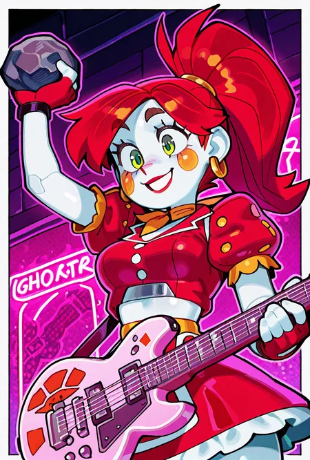 <lora:ilglambab-10:1> glambab, white skin, 1girl, red hair, ponytail, wide smile, earrings, short puffy sleeves, red fingerless gloves, red dress, red lips, green eyes, midriff, red nose,  ((dynamic pose)), midriff window,, animatronic, faceplates, line on face, dutch angle, tilted angle, neon lights, on stage, holding rock guitar, cyberpunk, rocking out, worm view, from below, side view, <lora:Wamudraws_Style_Ill:1> artist:wamudraws, masterpiece, best quality, amazing quality, very aesthetic, absurdres, newest,, upper body, halftone effect, white borders, abstract background:1.2,