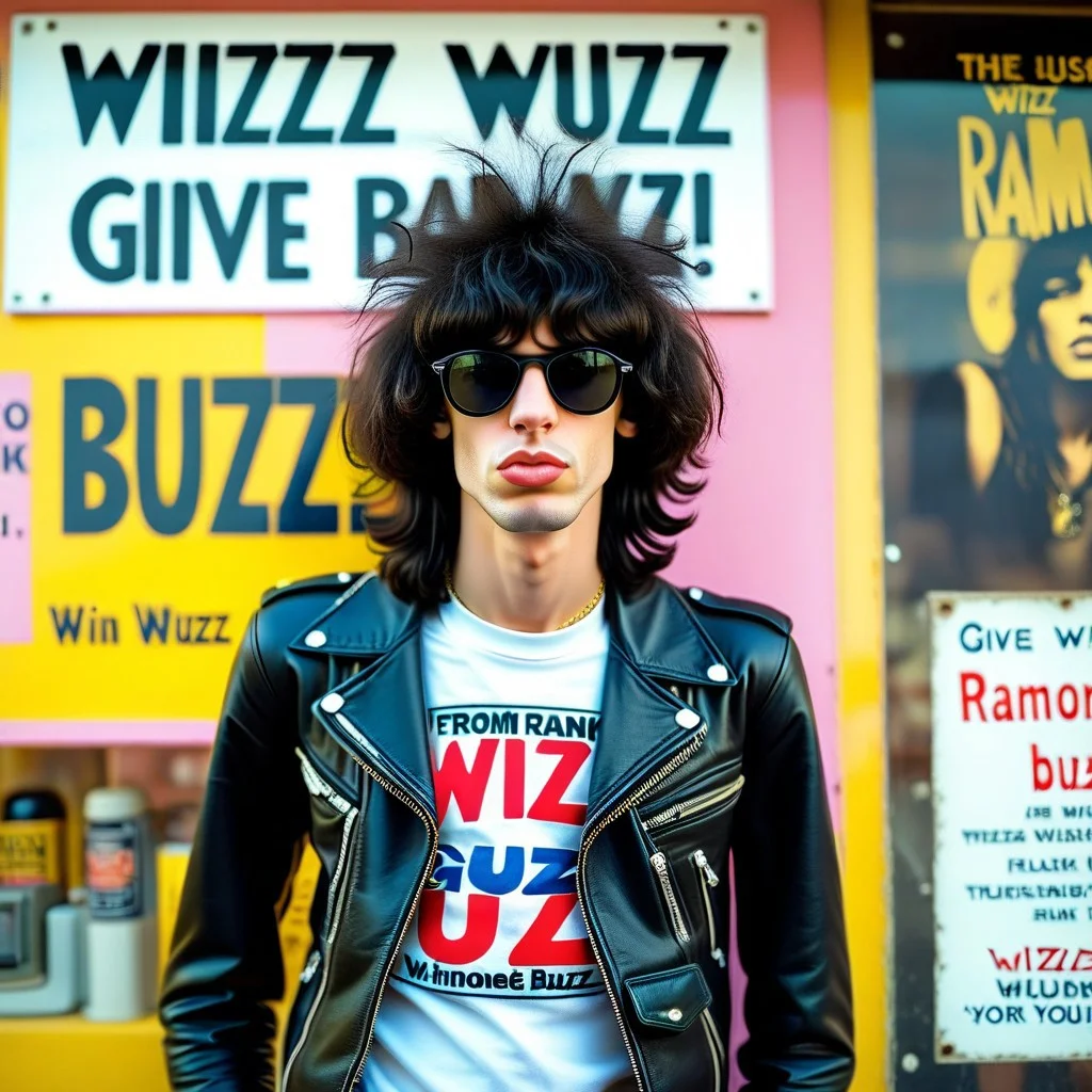 Joey Ramone from the Punk Bank The Ramones. with a sign with text "Wizz, Wuzz, Give Buzz!"