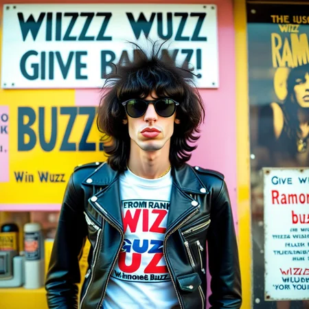 Joey Ramone from the Punk Bank The Ramones. with a sign with text "Wizz, Wuzz, Give Buzz!"