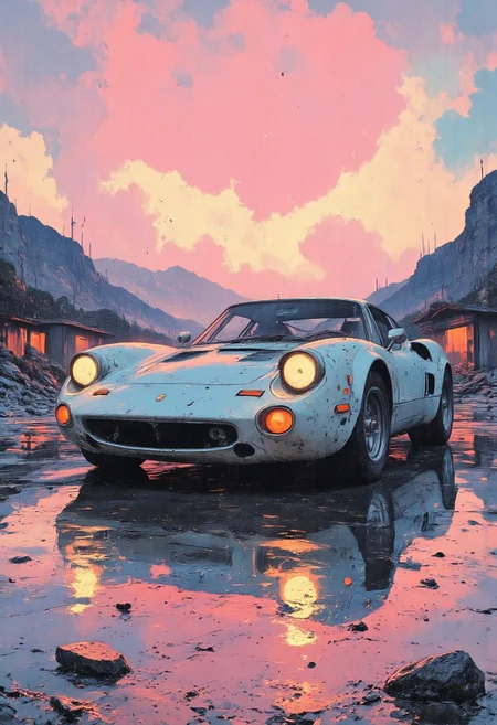 a sports car standing on a perfectly smooth surface that reflects it, creating a mirror effect. Front view. The 90's Ferrari is done in a bright style with an emphasis on white and pink and blue hues, a futuristic atmosphere. The background shows a sunset with soft pink and orange colors and silhouettes of mountains