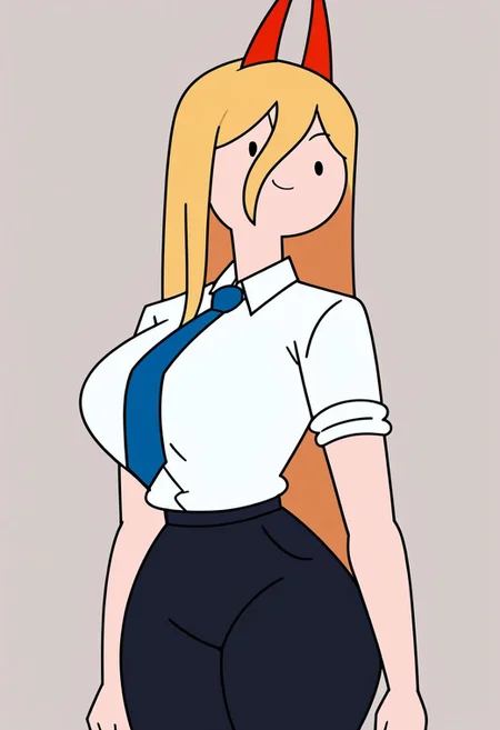 , adventure time, flat color, vector ilustration, power (chainsaw man), 1girl, solo, (dot eyes), round face, upper body portrait, 1girl, smile, slim waist, muscular female, mature female, larger breasts, huge ass, red devil horns, blonde hair, ,white shirt collared shirt, blue neck tie, black pants,  blue hoodie,