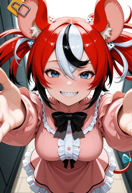masterpiece, best quality, 1girl, solo, Hak0sB4elz, blue eyes, multicolored hair, red hair, white hair, black hair, uneven twintails, dice hair ornament, animal ears, tail, tail ornament, looking at viewer, smile, sharp teeth, grin, blush, reaching towards viewer, incoming hug, pink dress, frilled dress, frills, center frills, long sleeves, <lora:ChamHakosBaelzNoob:1>