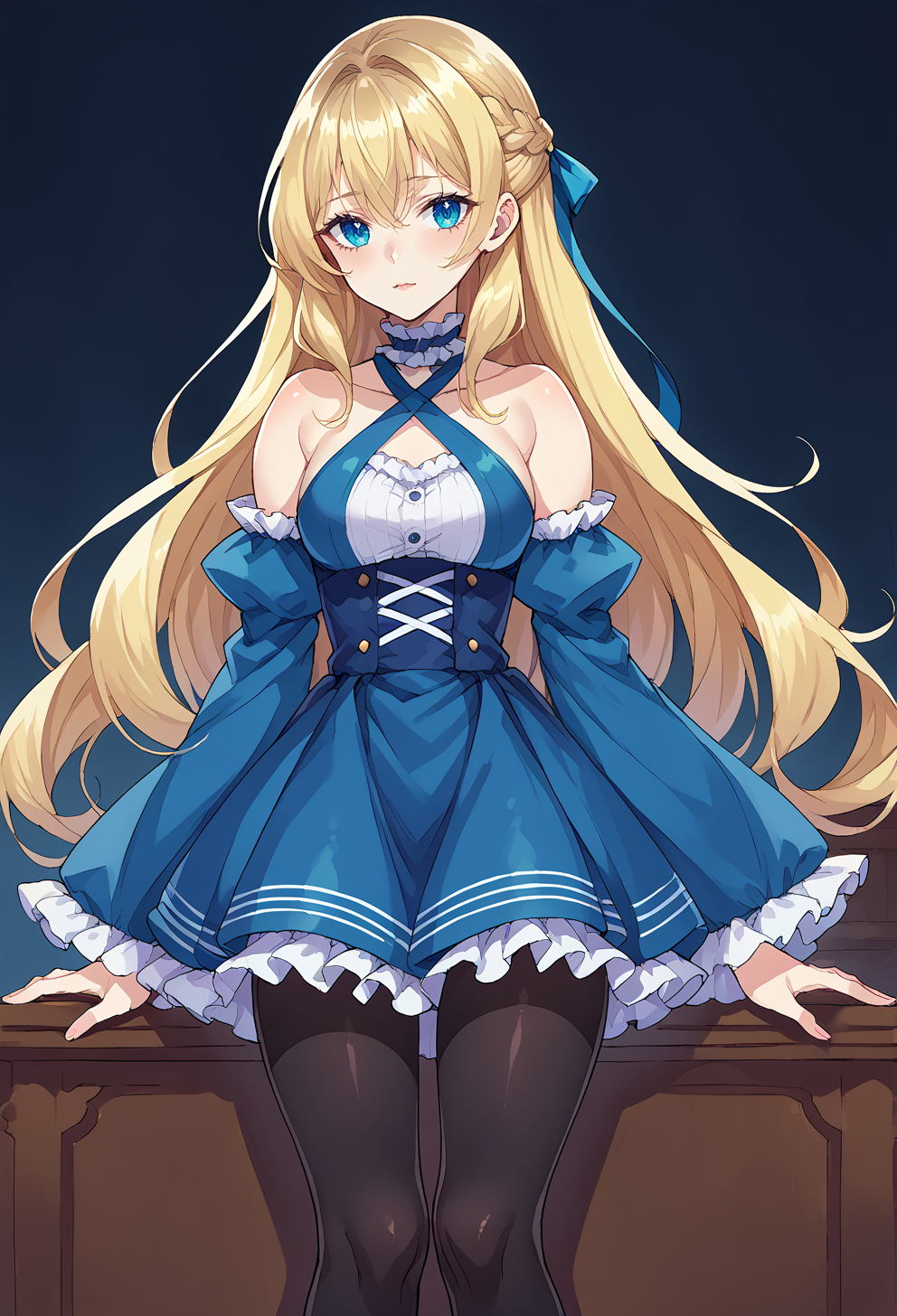 score_9, score_7_up, source_anime, BREAK <lora:f4k3pucc0:1> f4k3pucc0, <lora:mxmarina:1> mxmarina, french braid, half updo, Hair ribbon, frilled choker, criss-cross halter, sleeveless dress, high-waist skirt, backless dress, blue dress, waist blue bow, detached sleeves, frilled sleeves, wide sleeves, blue sleeves, black pantyhose, patterned legwear, pinstripe pantyhose, mary janes,