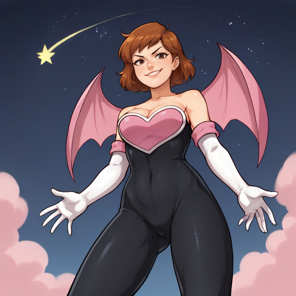 zPDXL2,score_9, score_8_up, score_7_up, score_6_up, score_5_up, score_4_up, 1girl, solo, night sky, night, stars, clouds, low angle, smirk, cowboy shot, <lora:Rouge_the_Bat_Cosplay:0.8> roug3, elbow gloves, white gloves,, black bodysuit, pink chest-piece, bare shoulders, cleavage,April O'neil (Teenage Mutant Ninja Turtles), batwings, flying