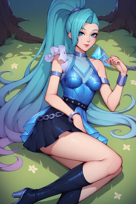 score_9, score_8_up, score_7_up, score_6_up, BREAK, SeraphineKDAAOXL, K/DA (league of legends), blue eyes, aqua hair, long hair, ponytail, bangs, medium breasts, single sleveless, blue dress, armlet, bracelet, black belt, black skirt, chain, black thigh boots, solo, lying on grass, seductive smile, looking at viewer, forest, tree <lora:SeraphineKDAAOXL:0.8>