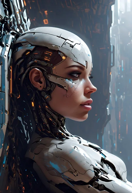cpunk, IBG, 4ng3l face
1girl, cyborg body, leaning on wall, resting, sci fi background