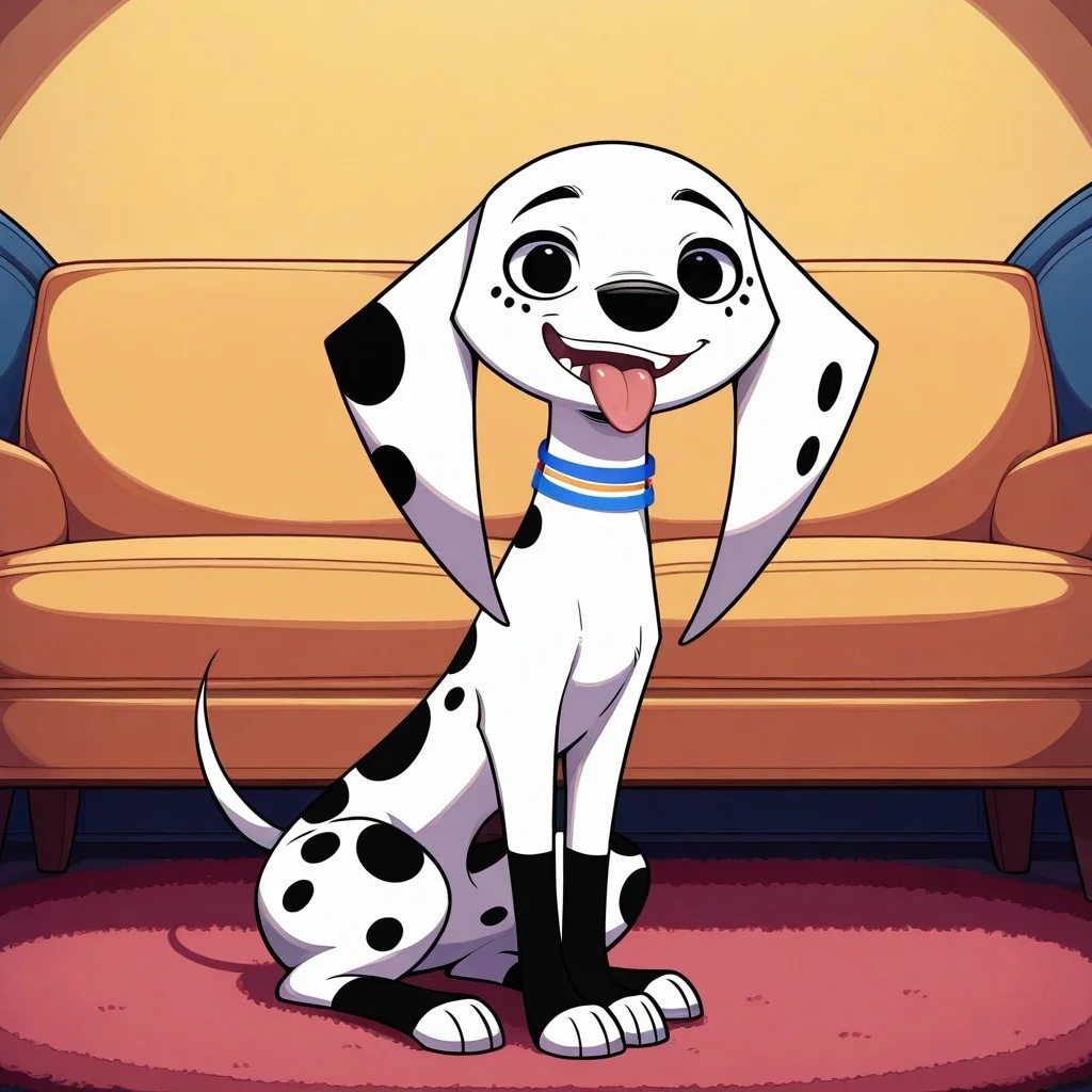Dolly(101), solo, 1girl, feral, dog, dalmatian, white and black fur, black spots, thin tail, long ears, dog ears, black eyes, blue and yellow collar, looking at viewer, full body, open mouth, tongue out, sitting, living room background