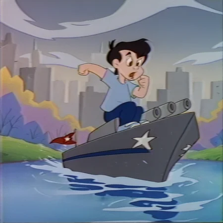 score_9_up, score_8_up, score_7_up, BREAK, neddiehugsonozkids, 1boy, solo, human, black hair, brown eyes, blue shirt, dark blue pants, blue footwear, open mouth, fist up in air, male child, battleship, water, (rainy weather), retro, <lora:Neddie_Hugson_Oz_Kids:1>