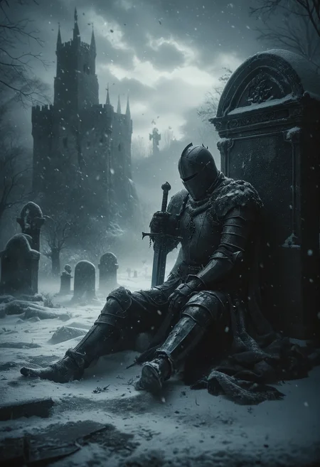 somber and cinematic scene, a fallen knight resting and lying down against a gravestone in a snow-covered graveyard, the knight clad in full armor, grips a sword with hand, the blade buried in the snow, Snowflakes gently fall around him, melancholic atmosphere, background is a dark gothic castle looms that obscured by the swirling snow and mist, haunting beauty of a warrior's final rest, <lora:- SDXL - vanta-black_contrast_V3.0:0.5>, <lora:NicolaSamori:0.6>, <lora:MJ52:0.3>, <lora:ral-ertmsphr:0.8>