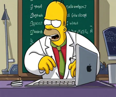An evil genius wearing a lab coat is working on an Apple MacBook laptop, simpstyle <lora:SDXL-simpstyle-Lora:1>, Very detailed, clean, high quality, sharp image