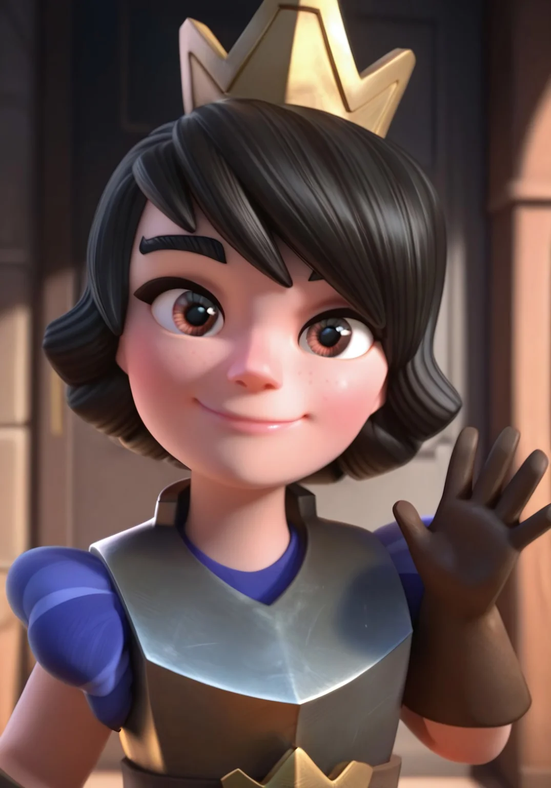 general,highres, ultra-detailed,very aesthetic,best quality ,best hands,
1girl, princessroyaleil, short hair, black hair, crown, brown eyes, waving, cute smile, looking at viewer, face focus, blue dress, armor
