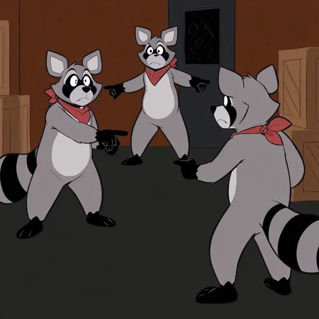 <lora:2spidermans_Illustrious_Mlaofmd-10:1.2>, <lora:rambley_raccoon:1.0>, masterpiece, best quality, newest, absurdres, highres, perfect anatomy, car, box, door, brick wall, 2spidermanspointing, parody, meme, ((3boys)), clone, pointing, pointing at another, rambley_raccoon, furry, pruple eyes, grey fur, raccoon ears, red kerchief, serious, looking at another
