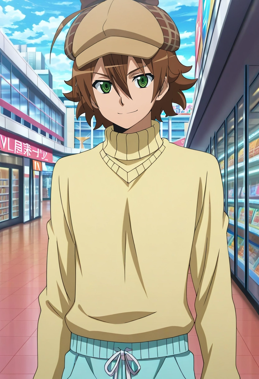 masterpiece, best quality, , anime screencap, anime coloring, ,, 1boy, solo, male focus, <lora:tatsumi_akame_ga_kill_ilxl:0.92>, tatsumi_akame_ga_kill, brown hair, green eyes, short hair, hair between eyes, ahoge, panorama, shopping mall, stores, signs, day, sunny, villain pose, seductive smile, Turquoise Sweatpants, Turtleneck sweater, , Deerstalker hat, and