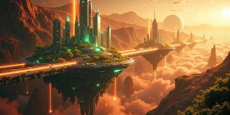 Suspended in the vast expanse of space, a mesmerizing chain of islands drifts serenely in orbit around the red planet, Mars. Each island hovers at a different altitude, their surfaces adorned with lush, emerald foliage that flourishes beneath the glimmering force fields enveloping them like protective shields. The shimmering barriers ripple like liquid light, refracting the harsh glow of distant stars and painting the sky with an ethereal iridescence.
Expansive land bridges connect these celestial wonders, their structures crafted from advanced alloys that gleam under the golden radiance of a nearby sun. Towering skyscrapers, sleek and futuristic, rise like monolithic sentinels from the dense greenery, their crystalline facades pulsing with streams of neon energy. Some seem to touch the heavens, their uppermost floors disappearing into the wisps of cosmic mist that swirl around them.
Above and below, sleek shuttles weave through the intricate pathways of this orbital oasis, descending gracefully toward the Martian surface in choreographed arcs of propulsion and light. Each craft leaves behind a faint, luminescent trail as it navigates through the shimmering force fields, vanishing into the crimson haze that blankets the planet below. The scene is a breathtaking fusion of sci-fi wonder and mystical grandeur, rendered in stunning 8K detail with the magic of Unreal Engine, Octane Render, and the unparalleled realism of ray tracing. It is a vision of a world where technology and fantasy entwine, suspended in the cosmos like an artistâs dream brought to life. <lora:Flux_Detailer_v3:0.8> Jeddtlv3 <lora:Test:0.8> n1t3_du5t