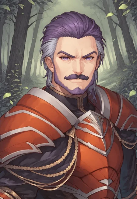 score_9, score_8_up, Duessel, facial hair, mustache, two-tone hair, purple hair, grey hair, greyish purple eyes, armor, pauldrons, looking at viewer, (lush forest), smile, smirk, cape, dynamic pose, dutch angle, portrait, side view, Expressiveh, colorful, leaves on the wind,