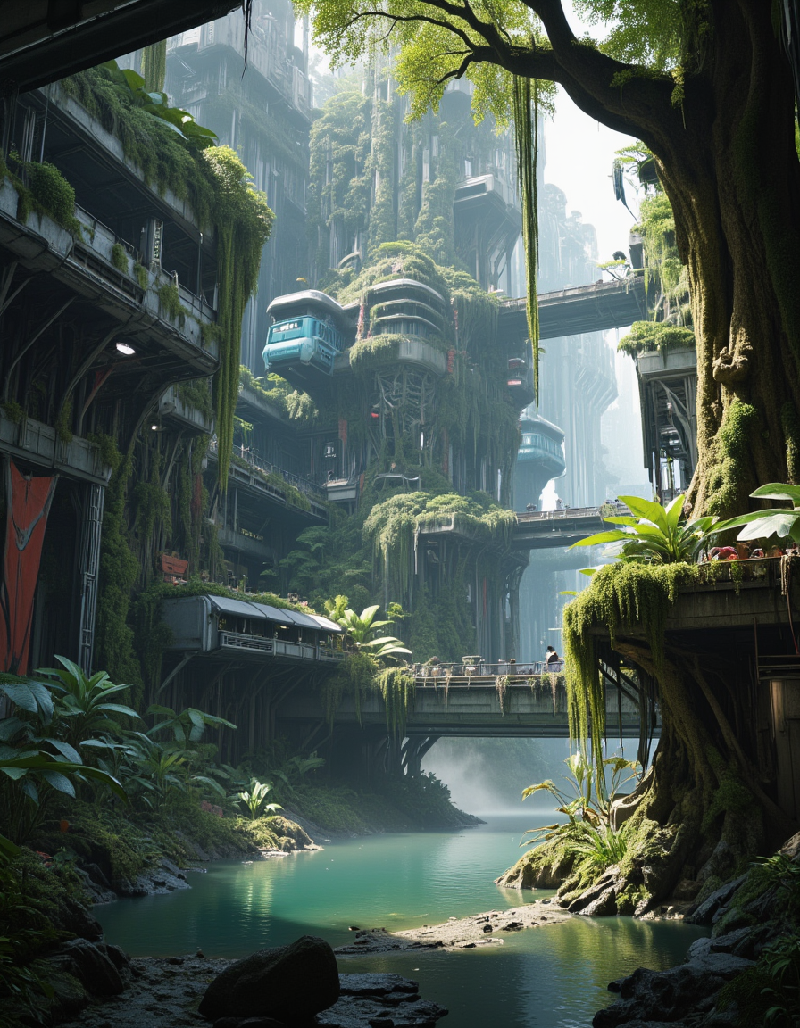 <lora:SWL_Underground1flux:1> swlu1, cyberpunk, underground, futuristic, abandoned, image6, photo of vertical eco-arcology, flooded futuristic canyon, massive trees growing through structures, neon accents, floating homes, moss-covered buildings, overgrown cyberpunk utopia, elevated walkways, sunlight through mist, lush vegetation, bioluminescent plants, cinematic lighting, towering green city, nature and technology blend, detailed, photorealistic, epic scale,