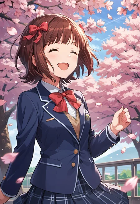 score_9, score_8_up, score_7_up, source_anime,amami haruka, short hair, brown hair, green eyes, 1girl, closed eyes, cherry blossoms, school uniform, solo, open mouth, skirt, smile, petals, ribbon, bow, blazer