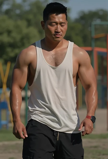 (((The man whose face is htkangface is standing alone))), (((solo))), east Asian face, daddy, natural face expression,   Photorealistic, realistic, masterpiece, intricate details, detailed background, depth of field, photo of a handsome, dynamic pose, natural face expression, high detail, high quality, Movie Still, Film Still, Cinematic, Cinematic Shot, Cinematic Lighting, ring, (((pectoral))), (((virility))),  4k, highly detailed . 35mm photograph, film, masterpiece, 4k,professional, 4k, highly detailed,  ((big remarkable nipples)), (((covered nipples))), ((huge nipples)),(((sweaty))),  (((in playground))),   (((wearing tanktop and pants))),  sweaty, Showing off muscle, ((The man is moaning)), (((hairy armpits)))
